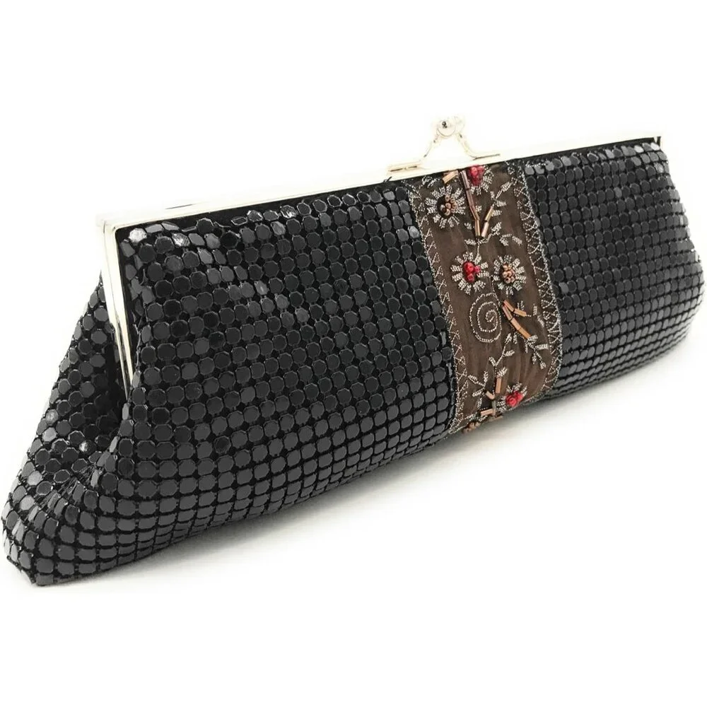⚡ Women's Black Embroidered Floral Pattern Metal Kiss Lock Evening Clutch Bag